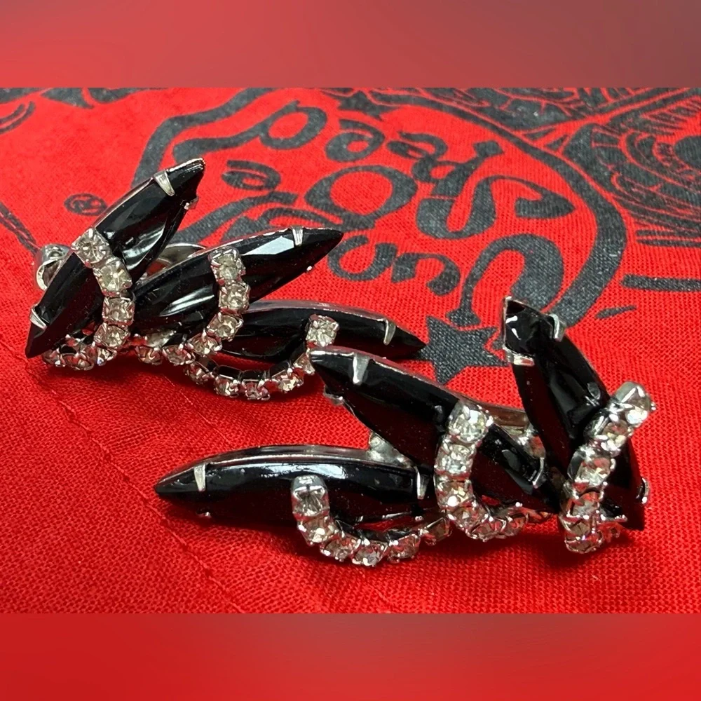 Vintage Black & Clear Rhinestones Silve-tone Clip On Earrings Open‎ Back Prongs